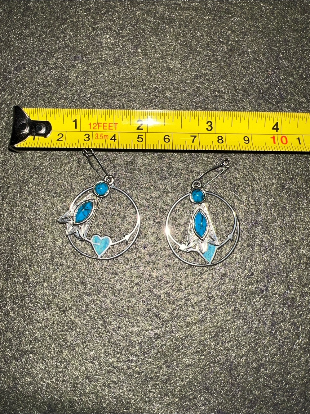 Turquoise Blue Heart & Leaf Hoop Earrings - Silver Tone